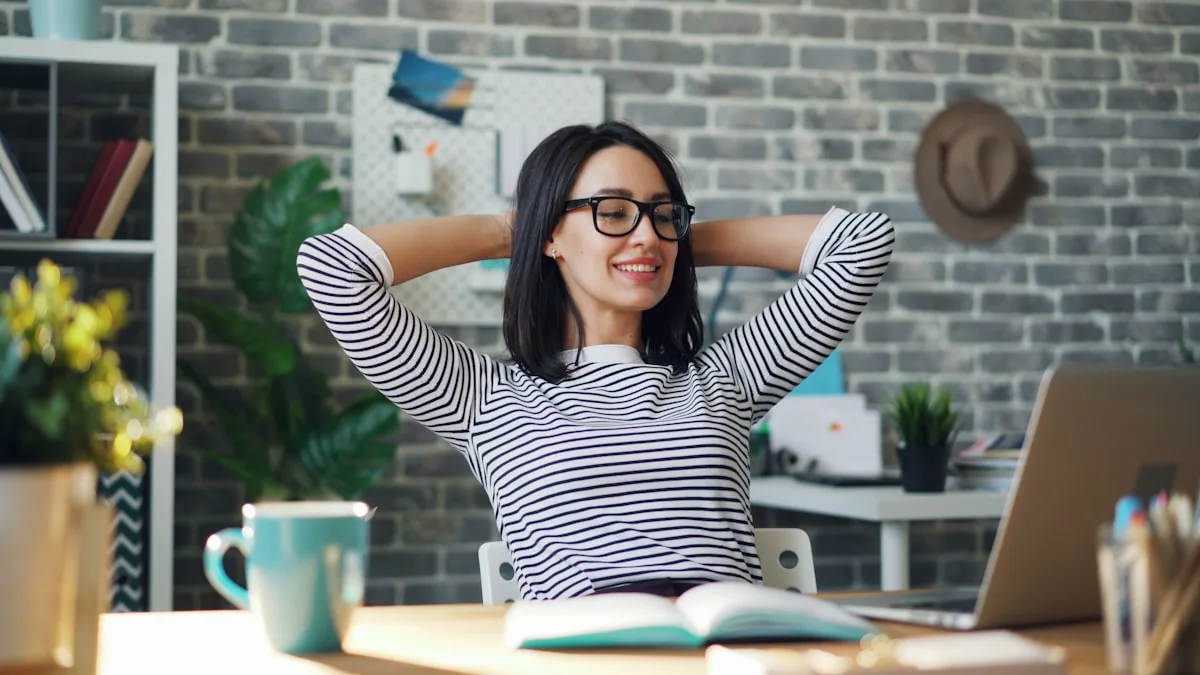 Woman relaxing at her desk.
