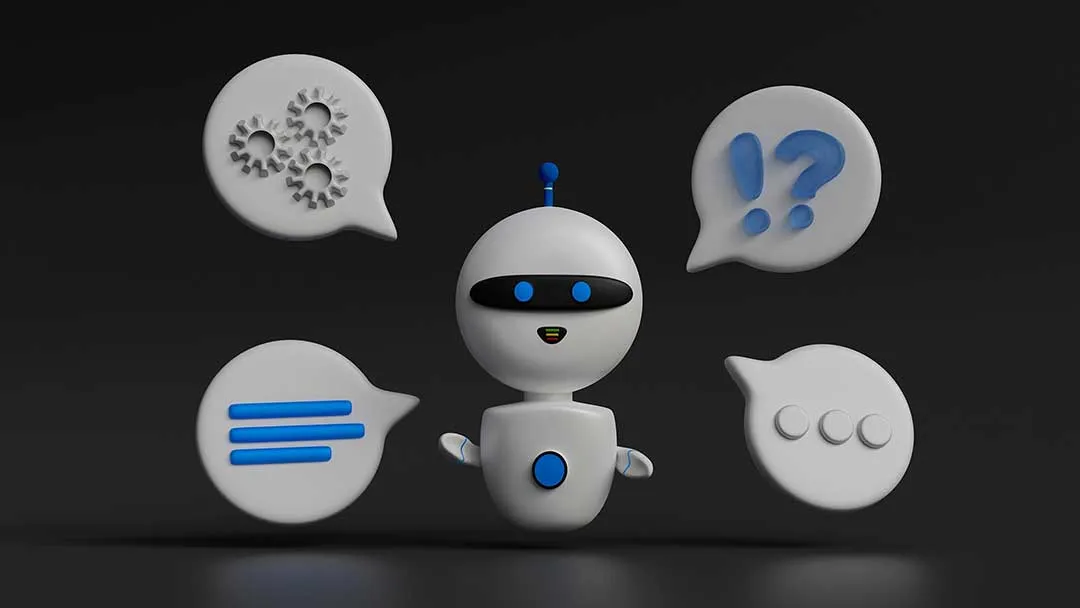 Robot with speech bubbles on black background