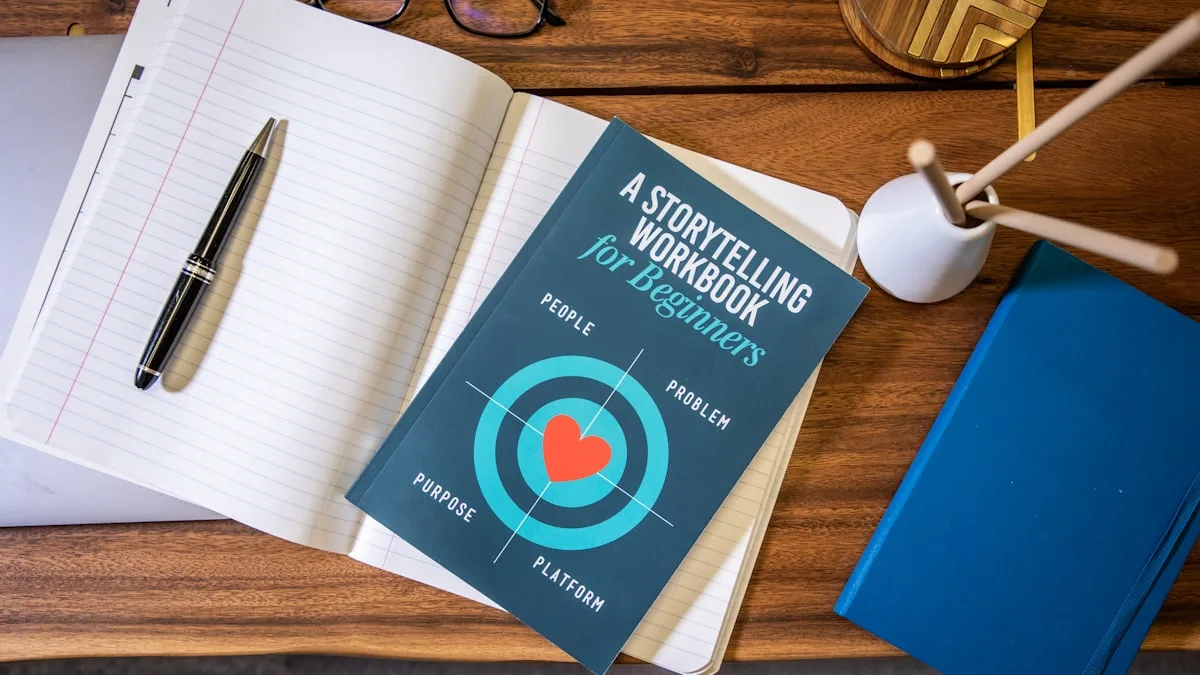 Storytelling workbook on wooden desk