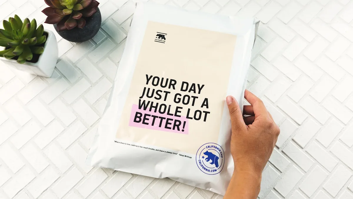 Package with motivational message beside plants.